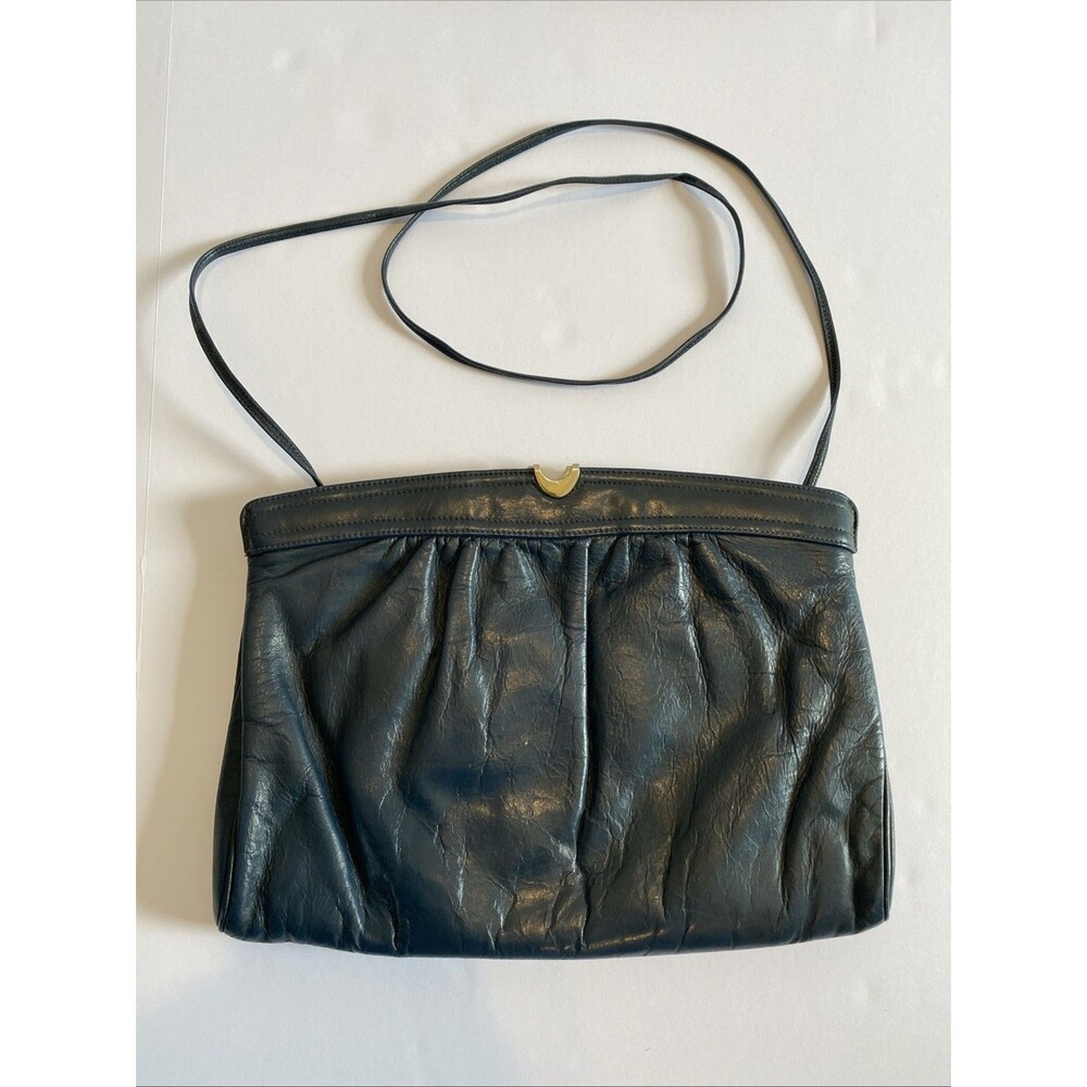 Morris Moskowitz Vintage Navy Leather Shoulder Bag Purse Ruched Pleated Clutch